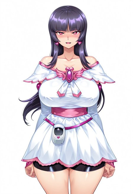 score_9,score_8_up,score_7_up,source_anime,5_figner,2d_animation,game cg,BREKE,1girl,solo,
zzSabrina, red eyes, long hair, blunt bangs, sabrina pokemon, purple hair, black hair, 
jewelry,white dress,shorts under dress,cosplay,brooch,bike shorts,collarbone,magical girl,heart brooch,heart,bare shoulders,detached sleeves,cure white,
smile,blush,openmouth,
cowboyshot,standing,
looking at viewer,front view,
huge breasts,thick hips,thick thighs,thick waist,disproportionate breasts,
curves,glamour,
simple background,white background,
masterpiece,best qualit,ultra-detailed,illustration,an extremely delicate and beautiful,beautiful detailed eyes,unity 8k wallpaper,high resolution,anime CG,official_art,Erotic_style, uncensored, anime_coloring, anime_screencap,