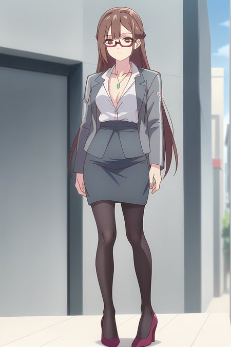 (grey jacket white shirt pencil skirt black pantyhose high heels:1.30), gg-miranda, necklace, brown hair, brown eyes, red glasses, medium breasts, 1girl, solo, skinny, score_9, score_8_up, score_8, score_7_up, score_7, score_6_up, score_6, score_5_up, score_5, source_anime, blush, outdoors, (straight-on:1.20), (:1.20), , <lora:gg-miranda-V01-000003:1.00>