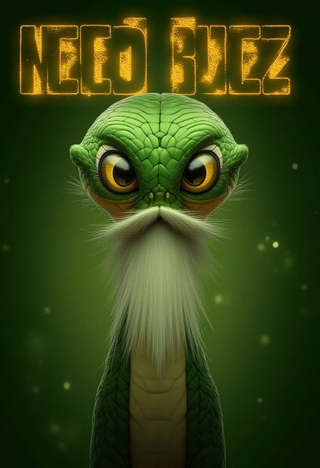 a high quality movie poster with bold lettering and a large snake focused and in frame, in big bold gold letters across the top "Need BUZZ for Retirement" as an old snake with a long white beard and glasses looks tired  <lora:flux-cute-snake:1> cute snake, faded green scales, bright shiny yellow eyes, (anime, masterpiece, intricate:1.3), (best quality, hires textures, high detail:1.2), (4k),(incredibly detailed:1.4),UHD, 8K, ultra detailed