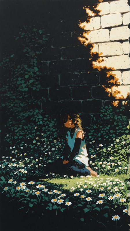 masterpiece, newest,absurdres,incredibly absurdres, best quality, amazing quality, very aesthetic, painterly, surreal, 
1girl, wariza, dappled sunlight, stone wall, blurry foreground, detached sleeves, short over long sleeves, layered clothes, light rays, daisy, 
<lora:KonYa666:1> kony4666 <lora:ka_marukogedago:1> k4_illu, abstract, traditional media, scan, blending, painting \(medium\), oil painting \(medium\)