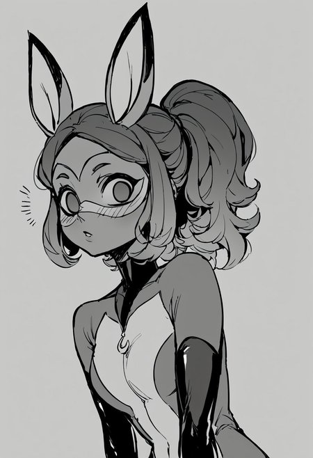 Score_score_9, score_8_up, score_7_up,1girl, monochrome, (empty eyes), staring at viewer, imtdrenar, animal ears, bodysuit, mask, elbow gloves, fox ears, tail, ponytail, skin tight, awe expression, Blush