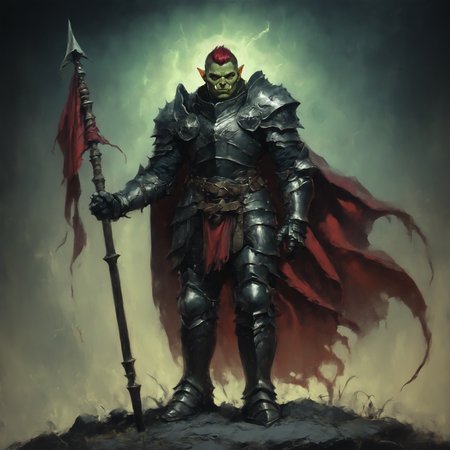 score_9_up, score_8_up, score_7_up,1teen,male,20 y.o, young,green skin, bigger head, red hair, fallen paladin,orc,sexy face,short hair,young, smug,dark fantasy,dark energy, badass, black armor,  male focus, armored boots, belt, dark city background, bright red cape, armor,  shoulder armor, facing viewer, gauntlets, sheath, pauldrons, sheathed, breastplate, armored boots, greaves, faulds, knight, full armor, holding flag,  front view, zPDXL3,  domination pose, dark, night, full body,  <lora:Dark_Fantasy_Painting__Pony:0.6>, dynamics, glowing armor, Asmodeus, aggresive, closer,  <lora:Orc:0.7>, power, oil painting,