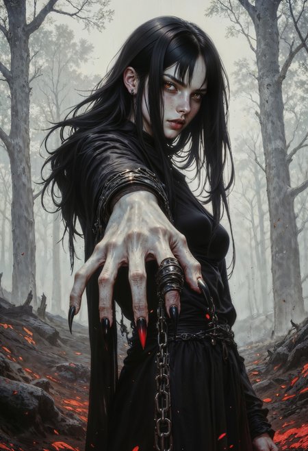 a digital painting in a dark, gothic fantasy style. It features a young woman with long, flowing black hair that cascades down her shoulders, framing her pale, almost ghostly skin. Her eyes are an unsettling red, adding to the eerie atmosphere. She is dressed in a black, form-fitting outfit with long sleeves, which contrasts starkly against the white and red hues of the background.
Her pose is dynamic and slightly menacing, with her hand reaching out towards the viewer, displaying long, sharp, claw-like nails. With a chain wrapped around her wrist, suggesting a sense of restraint or captivity. The background is a blurred, foggy forest, with tall, shadowy trees and a ground covered in red, glowing patterns that seem to pulse with an otherworldly energy.
The overall color palette is dark and moody, dominated by blacks, whites, and reds, creating a haunting and intense mood. The textures in the painting are smooth yet detailed, with the artist using digital effects to create a sense of depth and movement. The woman's expression is intense and slightly sinister, adding to the overall dark fantasy theme of the artwork.