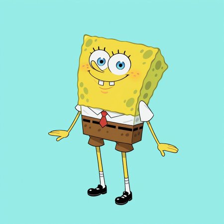 Blue background, simple background, solid color background, 2d, solo,
Spongebob Squarepants, blue eyes, colored skin, yellow skin, buck teeth, brown pants, red tie, white shirt, striped white socks, black shoes,
 full body, happy expression, smile, closed mouth, looking at viewer