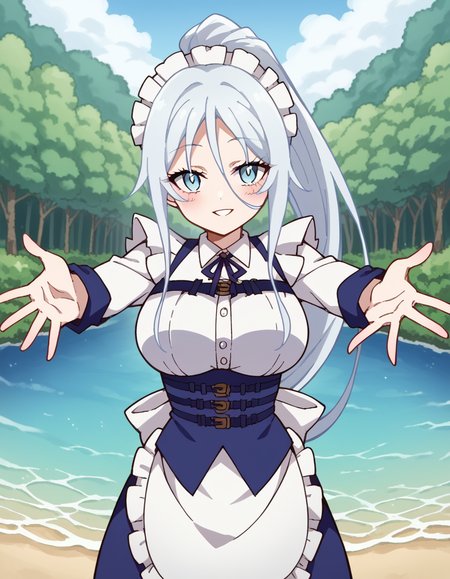 score_9, score_8_up, score_7_up, source_anime, <lora:sylpha-langlis-s1-ponyxl-lora-nochekaiser:1>, sylpha langlis, long hair, blue eyes, hair between eyes, ponytail, white hair,, large breasts, apron, maid, maid headdress, maid apron, frills, long sleeves,, island, water, tropical, trees, isolation, smile, <lora:incoming-hug-ponyxl-lora-nochekaiser:1>, incoming hug, looking at viewer, reaching, reacing towards viewer, outstretched arms,, bedroom, smile, blush, parted lips, looking at viewer, solo,, dutch angle, cowboy shot