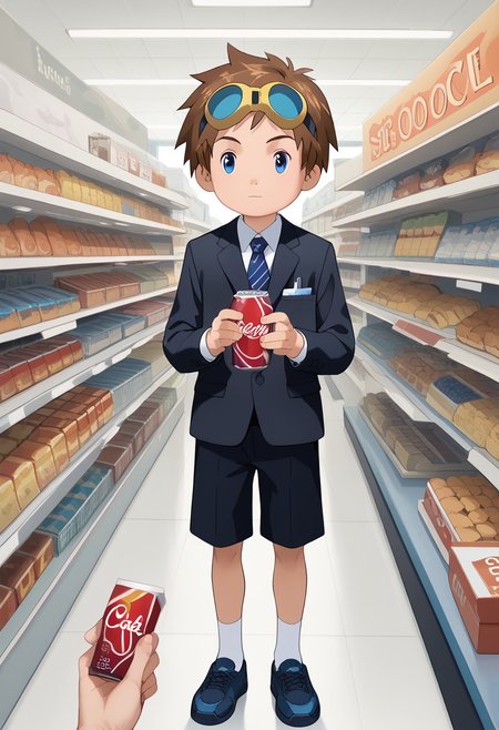 score_9, score_8_up, score_7_up, zPDXL2, 
,full body
1boy, solo, goggles on head, brown hair, 
Barbershop,black suit,holding money ,buying cola and multiple cookie box, convenience store,counters