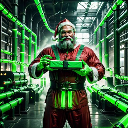 raw photo,cinematic shot,professional photography,cybermutant santa claus with glowing green tubes on his body holding a present in an industrial factory
