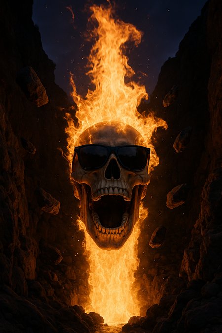 A high-resolution, surreal, real photo of a massive flaming skull erupting from a fiery chasm in a dark, rocky canyon. The skull wears reflective black sunglasses, adding a humorous yet menacing twist. Flames burst from the top and sides of the skull like a volcanic explosion, and its mouth is wide open in a dramatic, screaming expression. Jagged rocks float midair around the eruption, emphasizing the chaotic force. The background is a night sky tinged with deep purple and orange hues, adding to the apocalyptic, heavy metal aesthetic.
