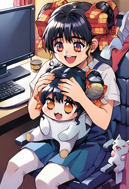 ASCII 
two girls
1girl,<lora:pony_xl_narusawa:0.8>,narusawa,score_9,score_8_up,score_7_up,source_anime,black hair,a computer with monitor, a computer with monitor, looking at computer, scared,open mouth, terrified,hands in face,,breasts<lora:breastsizeslideroffset:0.3>sitting, in the bedroom,
1girl,  narusawa,score_9,score_8_up,score_7_up,source_anime,black hair, white body, doro, creature, :3, chibi, four legs, solid circle eyes, no pupils, smile, in the desk