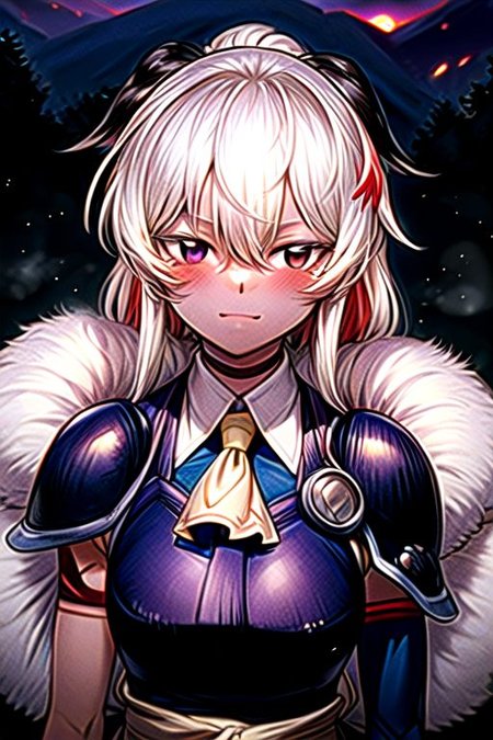 best quality 1girl Setsun4 solo long hair,  (night time) forest background black hair very long hair purple eyes multicolored hair armor, small, (fur trim) (medium body),<lora:EMS-179-EMS:0.800000>,<lora:EMS-293862-EMS:0.800000> bow, hair_bow, hair_tubes, red_bow, brown_hair, long_hair, bangs, ascot, frilled_bow, yellow_ascot, blush, smile, hair_between_eyes, athletic, armor, miko, strengthmda,  Smiling, happy, (helmet), Samurai Helmet