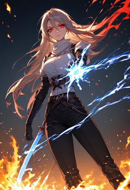 1girl, black pants, white top, blue glowing katana, long hair, red eyes, Sparks, embers, dimly lit, blurred background, Anime style, high contrast, saturated colors