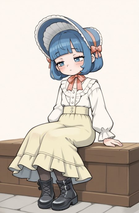 1girl, solo, <lora:qtkat:0.9> qtkat, traditional media, watercolor \(medium\), 
<lora:Seraphi-DQX:0.8> seraphi \(dqx\), bob cut, blue hair, blunt bangs, victorian fashion, buttoned blouse, long skirt, pantyhose, boots, ribbon bonnet, sitting, slumped posture, eyes half closed, tired annoyance, subtle expression, extremely detailed, highres, masterpiece, best quality