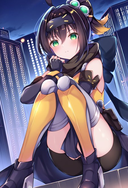 (score_9:0.9),score_8_up,score_7_up,anime style,rating_safe,(zPDXL),<lora:Sp little knight ponyXL v2:0.84>,Sp little knight,yellow clothes,black forehead protector,black fingerless elbow gloves,yellow thigh boots,silver hair ornament,night,blush,night sky,weapon,closed mouth,holding,cityscape,on one knee,