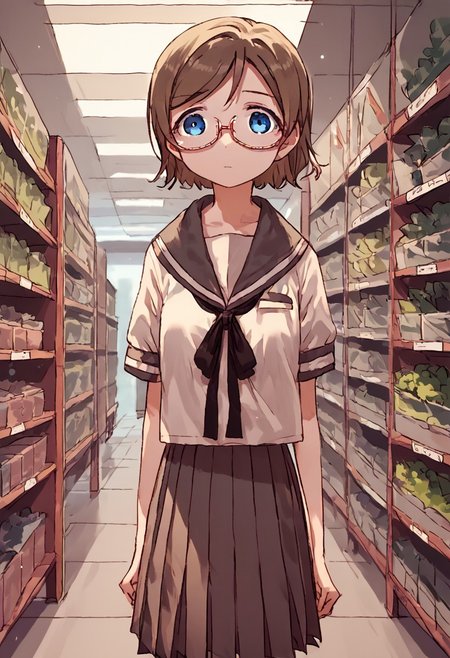 source_anime,score_9, score_8_up, score_7_up, solo focus, (solo), 1girl, flat shading, , you watanabe, blue eyes, brown hair, short hair, swept bangs, glasses, serafuku, school uniform, convenience store background, lonely