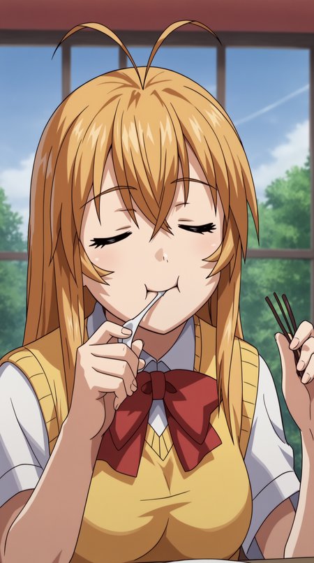 score_9, score_8_up, score_7_up, best background, detailed background, 4k, upscale, anime_source,  Hakufu Sonsaku, Main Outfit, solo, closed eyes, solo focus, eating, chopsticks, spoon, feeding  <lora:JN_Hakufu_Sonsaku_Pony:0.8>