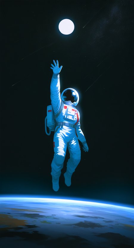 masterpiece, best quality, Good quality, very aesthetic, absurdres, newest, (Perfect details), solo, outdoors, sky, arm_up, night, Earth, helmet, outstretched_arm, 1other, star_\(sky\), night_sky, full_moon, floating, starry_sky, reaching, jumping, space, ambiguous_gender, spacesuit, moonlight, space_helmet, astronaut, black_sky, <lora:ponyv5_noobV065S_1_adamW-000013:0.8> <lora:USNR_STYLE_XL_lokr:0.7>