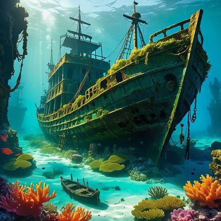 concept art Submerged Ship Graveyard: Explore a vast graveyard of sunken ships, where the remains of ancient vessels lie entangled in seaweed and coral reefs, their forgotten treasures still waiting to be discovered by intrepid adventurers. Ben Templesmith
<lora:MJ52:0.4> <lora:add-detail-xl:1> 1_misc . digital artwork, illustrative, painterly, matte painting, highly detailed
