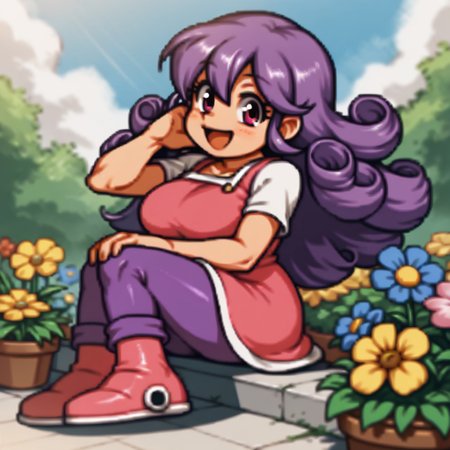 score_9, score_8_up, score_7_up BREAK RollMvC, 1girl, curly purple hair, pink eyes, full body, tall, busty, curvy, happy at viewer, pink dress, purple leggings, pink boots, flowers garden outdoors,