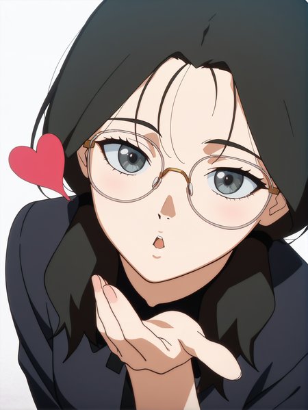 masterpiece, best quality, newest, absurdres, highres, 1girl, <lora:Yomoda_Chisa_IL1.1v0a:1> yomoda chisa \(sel\), anime coloring, anime screenshot, black hair, anime screencap, black hair, anime screencap, flat colors, flat shadows, grey eyes, perfect hands, white background, glasses, small breasts, black dress, heart, blowing kiss, open mouth,