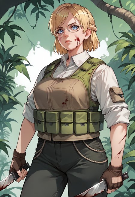 score_9, score_7_up, source_anime, 1girl, cowboy shot, looking at viewer, serious, blood on face, holding knife, <lora:JessieDeadRising-pdxl:1> j3ssie, blonde hair, short hair, french braid, glasses, blue eyes, large breasts, bulletproof vest, black pants, fingerless gloves, jungle