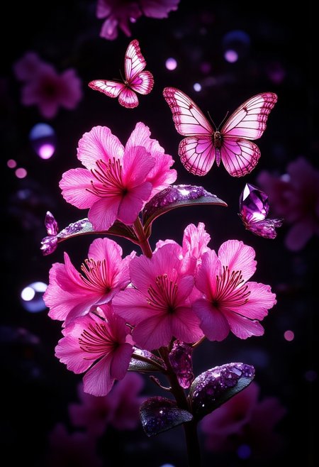 bright pink rhododendron flowers and bright pink butterflies against a pitch black background. Picturesque, surreal, vibrant glow, bokeh, 8k,
perfection style, detailed background, aidmaMJ6.1,  vivid color, simple background, aidmaMJ6.1, sparkling amethyst crystals
