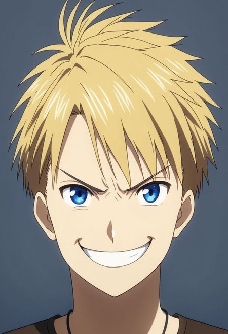 high resolution, solo, best quality, 1Boy, Yamato Ishida, Blond Hair, Blue Eyes, Necklace, potrait, dark shirt, looking at viewer, focused gaze forward, simple background, straight body, upper body, head upright, angry, smile, OverallDetail