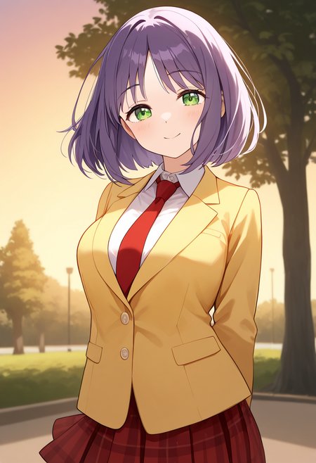 1girl,solo,<lora:HBSsakikoil:0.9>,kasuga_sakiko,green eyes,purple hair,short hair,yellow blazer,red necktie,long sleeves,red skirt,checkered skirt,looking_at_viewer,cowboy_shot,park,dusk,smile,arms_behind_back,closed mouth,masterpiece,best quality,good quality,newest,incredibly absurdres,