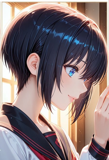 1girl, solo, masterpiece, best quality, newest, absurdres, CG, anime, source anime, illustration,  nyalia <lora:2.5_dimensions_V2:1>d_v2,
BREAK 1girl, solo, nonoa_def, black hair, short hair, blue eyes
school uniform, black sailor collar, serafuku, sailor collar, long sleeves, 
closeup, closeup to face, portrait, outside border
indoors, from both sides
cinematic angle, alternate angles, alternate detailed background, beautiful background, (rays light:1.0),(grow:1.0), light particles