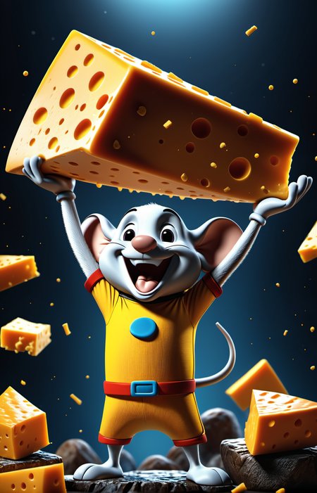 Mighty Mouse, cinematic reenactment,holding a large wedge of cheddar cheese above his head,flexing,smiling, glow effects, godrays, Hand drawn, render, 8k, octane render, cinema 4d, blender, dark, atmospheric 4k ultra detailed, cinematic, Sharp focus, big depth of field, Masterpiece, colors, 3d octane render, 4k, concept art, trending on artstation, hyperrealistic, Vivid colors, extremely detailed CG unity 8k wallpaper, trending on CGSociety, Intricate, High Detail, dramatic