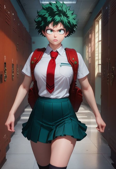 score_9, score_8_up, score_7_up,  dynamic pose, upper body, cinematic lighting, volumetric lighting, high-detailed, 4k, Expressiveh, concept art, digital art, realistic, izuku_midoriya, green hair, green eyes, short hair, genderswap \(mtf\), skirt, shirt, school uniform, white shirt, short sleeves, pleated skirt, necktie, socks, collared shirt, kneehighs, red necktie, black socks, u.a. school uniform, close up shot, school hallway, lockers in background, walking confidently, serious expression, backpack over shoulder, intense expression, fast walking, motion, motion blur,