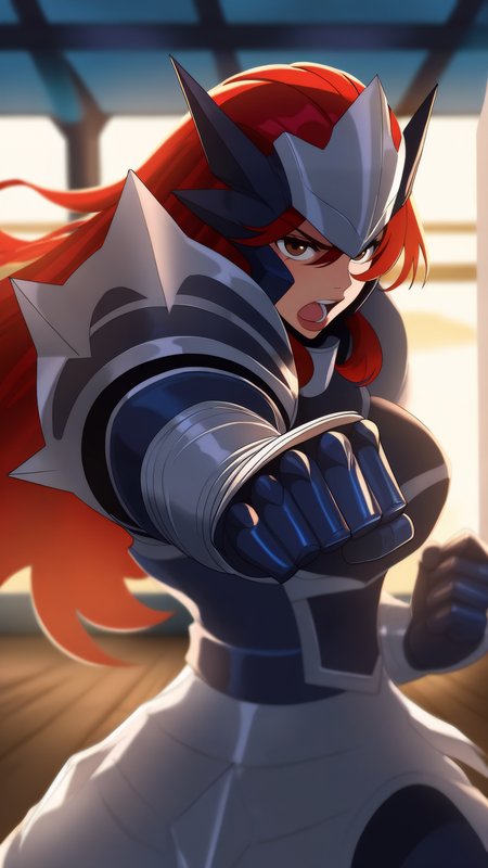 masterpiece, best quality, very aesthetic, absurdres, BREAK, 1girl, looking at viewer, cowboy shot, 
<lora:Adamantine_Erza_Illu_Dwnsty:0.8>,erz_adamantine, brown eyes, red hair, long hair, armor, helmet, full armor, gauntlets,
large breasts, lips, serious, angry, open mouth, incoming attack, clenched hands, incoming punch, dynamic pose, fighting stance, 
indoors, tavern, wooden floor, bar,