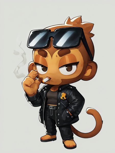 score 6 up,highres <lora:btd6.v3:1> furry, monkey, btd6, no nose, 1girl,tail, white background,looking at viewer, simple background, solo
eyewear on head, sunglasses, cigarette, black leather jacket,