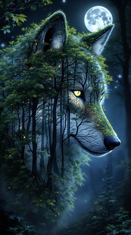 "Create a breathtaking, hyper-realistic image of a wolf at night, with a beautiful forest etched into its body and fur. The wolf's fur should be composed of actual trees, with branches and leaves that seem to grow organically from its body. The forest should be intricately detailed, with individual trees, foliage, and a moonlit sky. The wolf's eyes should be sharp and piercing, with a subtle glow that suggests a deep connection to the natural world. The surrounding environment should be a dark, moonlit forest, with the wolf's face illuminated only by the soft, silvery light of the moon. The overall atmosphere should be one of mysticism and wonder, as if the wolf is a guardian of the forest and its secrets."