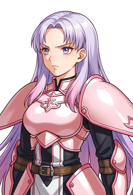 score_9, score_7_up, source_anime, BREAK solo,  <lora:zs_FE10PortraitsXL:1> fe10portraits, portrait, white background,, serious, 1girl, white eyes, white hair, very long hair, parted hair, parted bangs, gradient hair, lilac hair, medium breasts, wing hair ornament, valkyrie, black bodysuit, armor, gauntlets, greaves, pink breastplate, grey armored skirt, armored dress, pink hues,