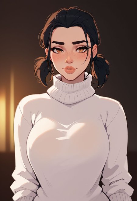 score_9, score_8_up, score_7_up,
1girl, solo, 21yo, English girl, large lips, beautiful eyes, hazel eyes, raven-black hair, pigtails ponytail, medium breasts, slim and athletic girl, pale freckled skin,
((sexy sweater, sexy turtleneck, white sweater)),
(simple blurred background), ((naughty expression, sexy pose, upper body, dynamic angle)),
erotic, elegant, sensual, seductive, bright colors, high contrast, dark background, vivid lighting,
zPDXL,
 <lora:NoctFlatStyleV2:1>