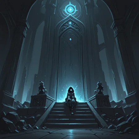 1girl, thief, fantasy, ruins, 
eerie discovery, stumbling upon a forgotten throne room, a skeletal king slumped upon the throne, eerie blue light glowing from empty eye sockets, front view 
 <lora:DarkfireLabs_Splash_of_White:1> monochrome,