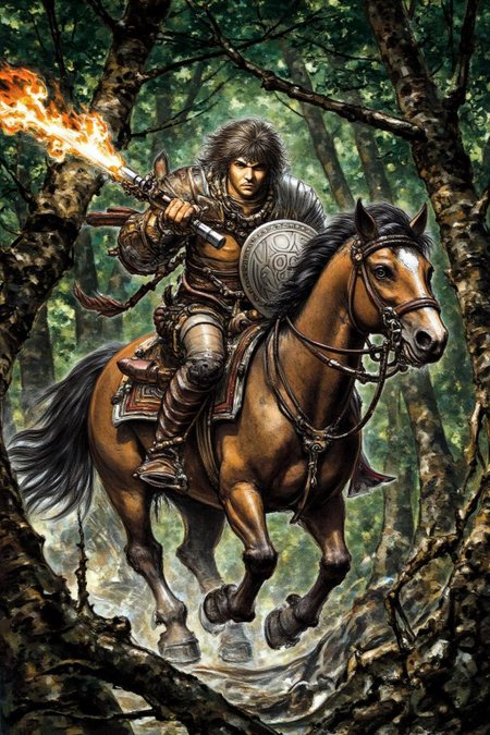 juangimenez1 illustration. 
ivanbilibin1. A warrior riding a horse through a dense forest. He is carrying a shield and holding a flaming sword
   <lora:juangimenez1_cap_d8a4e12:1.0><lora:857673742719955166:0>