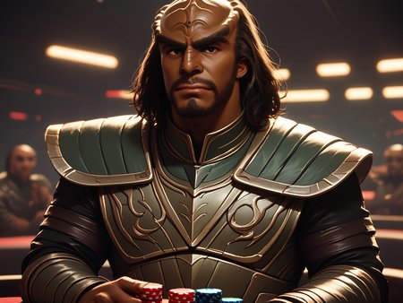 playing poker <lora:Klingon_v2_pony:1> score_9,score_8_up,score_7_up,score_6_up,score_5_up,score_4_up , 1man, kling0n alien, large forehead ridges, brown skin, large eyebrows, wearing warrior armor,