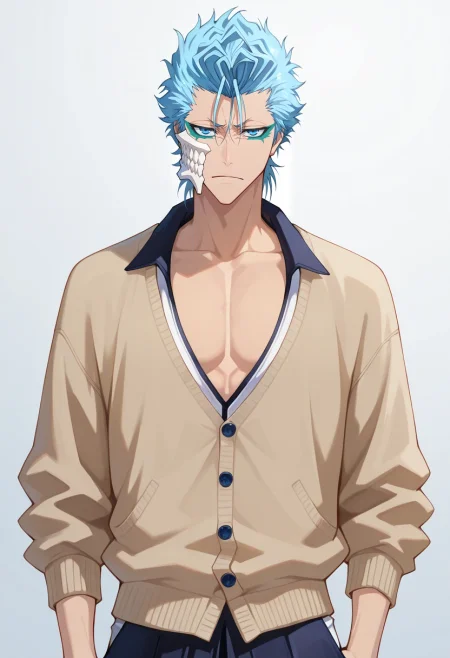 masterpiece, best quality, intricate details, , looking at viewer, , 1boy, solo, male focus, <lora:grimmjow_jaegerjaquez_ilxl:0.98>, grimmjow_jaegerjaquez, blue hair, blue eyes, facial mark, arrancar, mask, short hair, , Board pants, Zip-up cardigan, , Mohawk, and