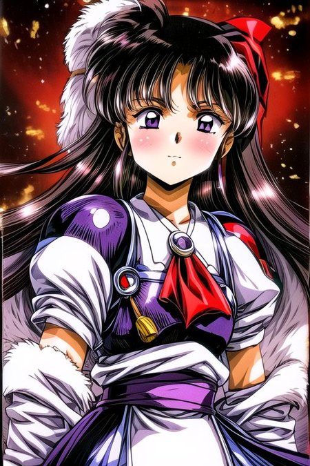 best quality 1girl Setsun4 solo long hair,  (night time) forest background black hair very long hair purple eyes multicolored hair armor, small, (fur trim) (medium body),<lora:EMS-179-EMS:0.800000>,<lora:EMS-293862-EMS:0.800000> bow, hair_bow, hair_tubes, red_bow, brown_hair, long_hair, bangs, ascot, frilled_bow, yellow_ascot, blush, smile, hair_between_eyes, athletic, armor, miko, strengthmda,  Smiling, happy, helmet