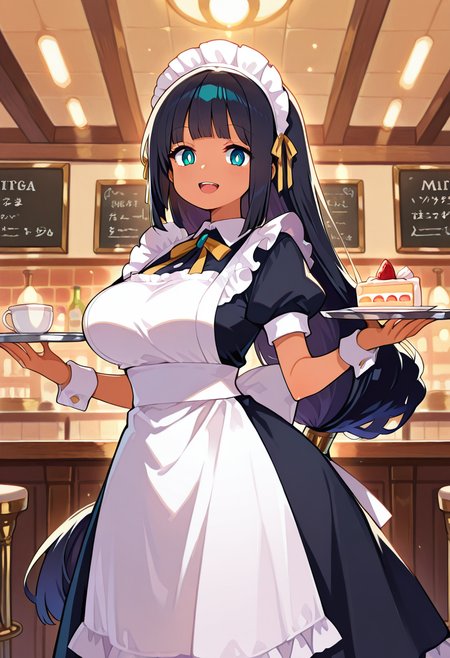 masterpiece, best quality, amazing quality, very aesthetic, absurdres, newest, illustration, perfect composition, intricate details, highres, general, 1girl, solo, (cowboy shot:1.2), hennaww, dark skin, dark-skinned female, aqua eyes, white pupils, black hair, long hair, very long hair, low-tied long hair, blunt bangs, sidelocks, large breasts, 
maid clothes, maid, black dress, frilled dress, (long dress:1.2), frills, white puffy short sleeves, wrist cuffs, maid headdress, maid aprons, looking at viewer, open mouth, smile, indoors, maid cafe, holding tray, cup, drink, cake, shiny body, shiny skin, skindentation, clear skin, shiny hair, ultra detailed eyes, depth of field, sharp, intricate details, hyperdetailed, ultra-detailed, detailed clothing folds, high contrast, dynamic light <lora:Henna_Phantom_Brave_ill_v1.1:1>