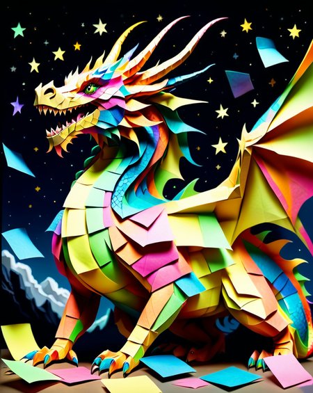 a massive colorful dragon with fine scales made out of Jed-StickyN, dynamic pose, dynamic angle, dark fantasy, epic, intricate details, ultra wide shot, zoomed out, side view, 
<lora:StickyNotesStyle:1>,  <lora:add-detail-xl:0.7>,  <lora:sd_xl_dpo_lora_v1:1>, <lora:xl_more_art-full_v1:0.3>,  set against a  background of a starry sky,