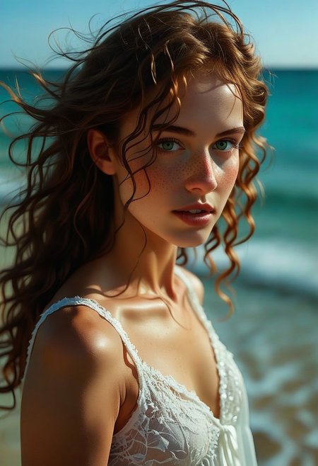 neoteny, small mouth, large eyes, wideset eyes, barely, freckles, clothed, skinny, round face, european, portrait, beach, ocean, depth of feild, 1girl, solo, long hair, looking at viewer, upper body, parted lips, brown hair, lips, realistic, outdoors, blue eyes, day, depth of field, green eyes, nose, bare shoulders, eyelashes, messy hair, sleeveless, photorealistic, see-through, teeth, eyebrows, white dress, dress, small breasts, wavy hair