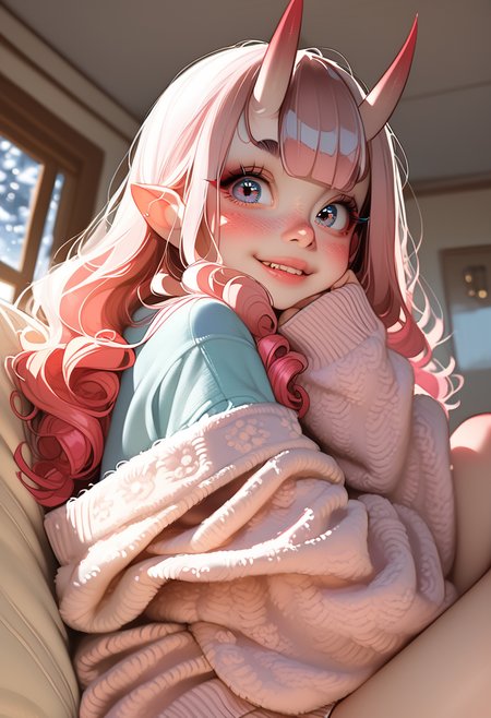 score_9, score_8_up, score_7_up, highly detailed, sharp focus, HD, (1girl:1.4), ((solo)), ((pale skin:1.3)), (cute young oni girl:1.5), small sharp horns, (big expressive eyes:1.3), (soft pink blush:1.2), ((long fluffy pastel pink hair:1.4)), slightly messy hair, shy smile, wearing a cozy sweater, (small black horns:1.3), (pointy ears:1.2), (tiny bat wings:1.2), soft freckles, fantasy-inspired outfit, (Japanese-style modern room:1.4), cozy house interior, warm lighting, sitting on a plush futon, hugging a pillow, cute pose, playful expression, charming, soft anime shading, ultra-detailed fabric folds, elegant color balance, soft glowing ambient light
 <lora:Expressive_H:1> <lora:incase-ilff-v3-4:0.6> <lora:MoriiMee_Gothic_Niji_Style_Illustrious_r1:0.7>