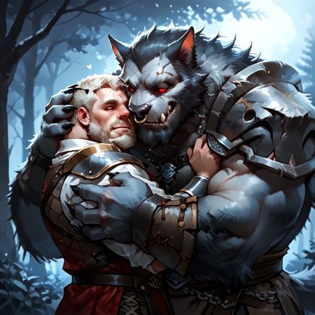 Large hulking anthropormophic wolf man, adults, holding older human male, hugging, mans head on werewolf chest, loving, intimate, in love, werewolf much bigger that human, size difference ,face to face, werewolf, Strongman,  , manbear, spiritbreakerpdxl, male, beard, nose ring, red eyes, no pupils, shoulder armor, armor, kilt, vambraces
