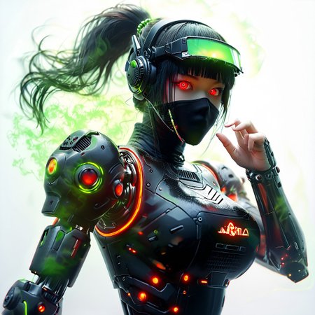 score_9, score_8_up, white background, looking at viewer,
1girl, robot girl, mechanical girl, translucent skin, black body, beautiful smooth skin, chromic light, black hair, long hair, android girl, human looking android, head mounted display, head visor, transparent visor, 
large breasts, curvy, cowboy shot, beautiful eyes, black headband, green head accessories,  random pose, blunt bangs, hime-cut, black carbon fiber, korean facial features, neon lights, ponytail, red eyes, ninja mask, sidelocks, face mask, female robot ninja,
auralora, green aura, colorful, glowing, IrradiateMorph
