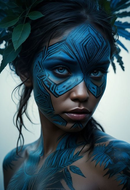 mysterious silhouette of a tribal woman, jungle, (blue warpaint over eyes only), goddess, alluring, by Minjae Lee, Carne Griffiths, Emily Kell, Steve McCurry, Geoffroy Thoorens, Aaron Horkey, Jordan Grimmer, Greg Rutkowski, amazing depth, double exposure, surreal, geometric patterns, intricately detailed, bokeh,  perfect balanced, deep fine borders, artistic photorealism , smooth,  great masterwork by head of prompt engineering   <lora:add-detail-xl:2>  <lora:Double_Exposure:0.5>