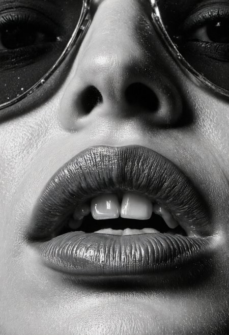 A black and white macro photograph of a woman's lips and nose, with glossy lipstick and visible skin texture, and sunglasses. Dramatic lighting highlights the skin., aidmamjv7, aidmaimageupgrader <lora:aidmaMJv7-FLUX-v0.1:0.8> <lora:aidmaImageUprader-FLUX-v0.3:0.4>