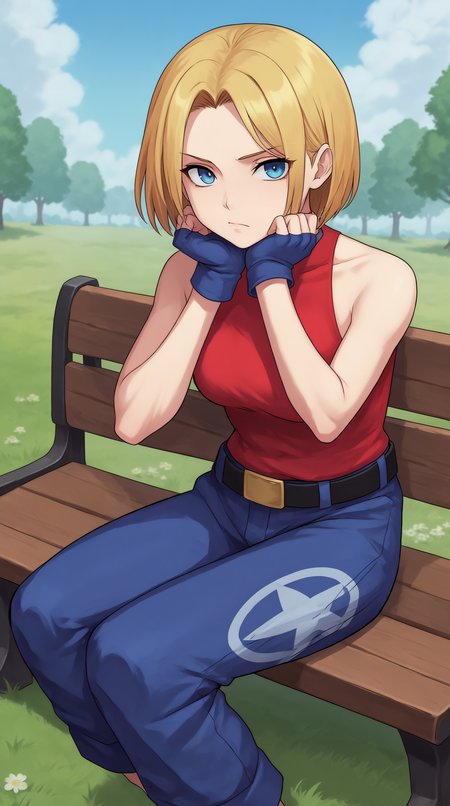 score_9, score_8_up, score_7_up,anime_source, source_anime, best background, detailed background, anime screencap, 4k, upscaled,  Blue Mary, Main Outfit, solo, looking at viewer, bench over, sitting, bored, hand on chin, outdoors, grass,  <lora:JN_Blue_Mary_Pony:0.8>