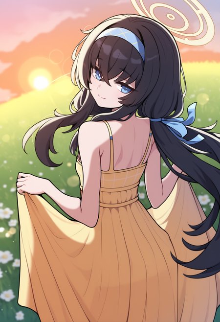 masterpiece, best quality, newest, from behind, solo, 1girl, slight smile, closed mouth, looking back, skirt hold, long hair, black hair, hair between eyes, crossed bangs, low twintails, hair ribbon, blue ribbon, blue hairband, yellow halo, blue eyes, yellow sundress, spaghetti strap, bare shoulders, outdoors, sunset, cloud, grass, flower field, lens flare, bokeh, blurry background
<segment:yolo-Anzhc Face seg 640 v3 y11n.pt,0.4,1//cid=11>